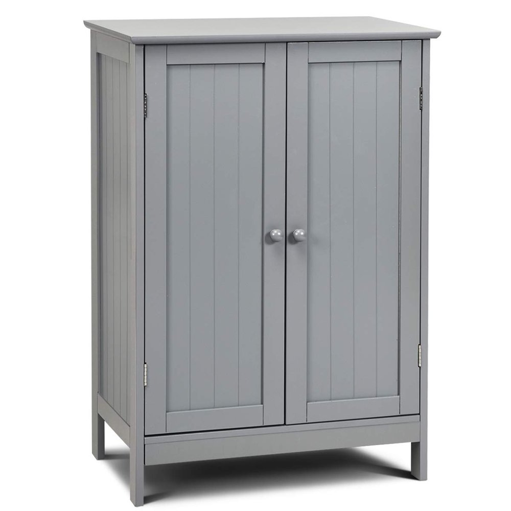 Tangkula Freestanding Storage Cabinet with Double Doors and Shelf, Modern Home Furniture, Wooden Organizer for Living Room and Bathroom, Grey