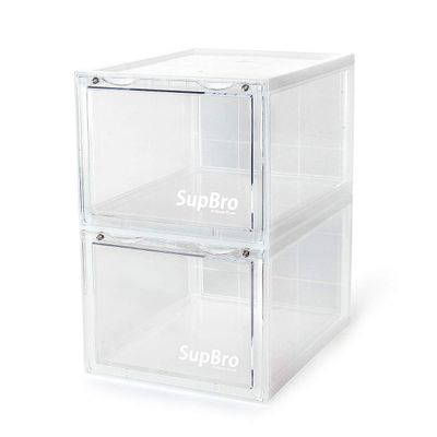 SupBro Collection Crate - Easy Access Storage Shoes Box -Plastic Foldable Stackable Sneaker Display Storage with Clear Front Door Organizer-2 Pack (Transparent)