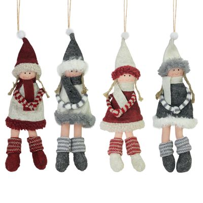4ct Red and Gray Girls with Scarves Christmas Doll Ornaments 12"