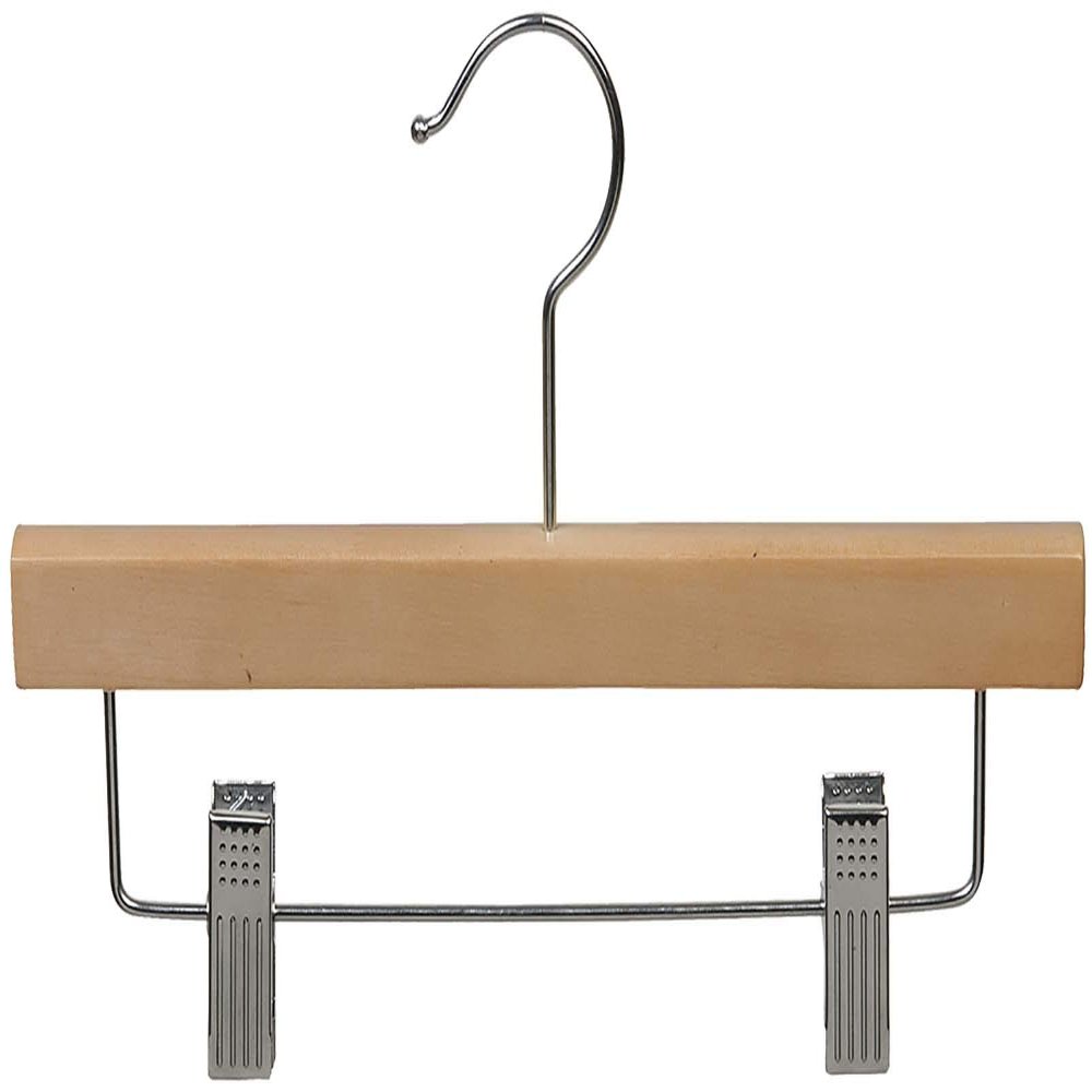 Kids Natural Finish Wood Bottom Hanger with Clips in 11" Length X 5/8" Thick with Chrome Hardware, Box of 25