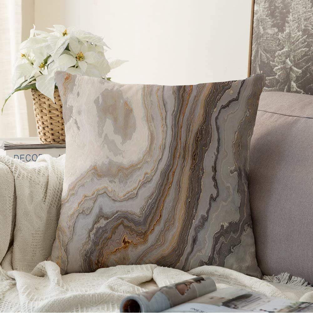 Staromin Decorative Throw Pillow Covers for Couch Sofa Bedroom Beige Abstract Beautiful Grey Curly Marble Veins Brown Agate Antique Architecture Bathroom Bone Cushion Cover Pillow Cases 16x16 Inch