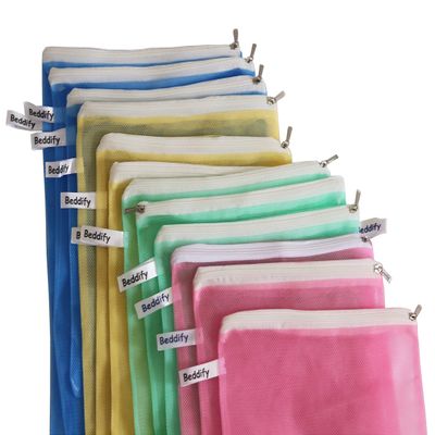 Beddify Set of 12 Reusable Fridge Storage Bags for Vegetables and Fruits with Zipper Dual Layer Mesh Net Multipurpose Multi-Size Kitchen Storage Bags Organizer (Multi-Color)