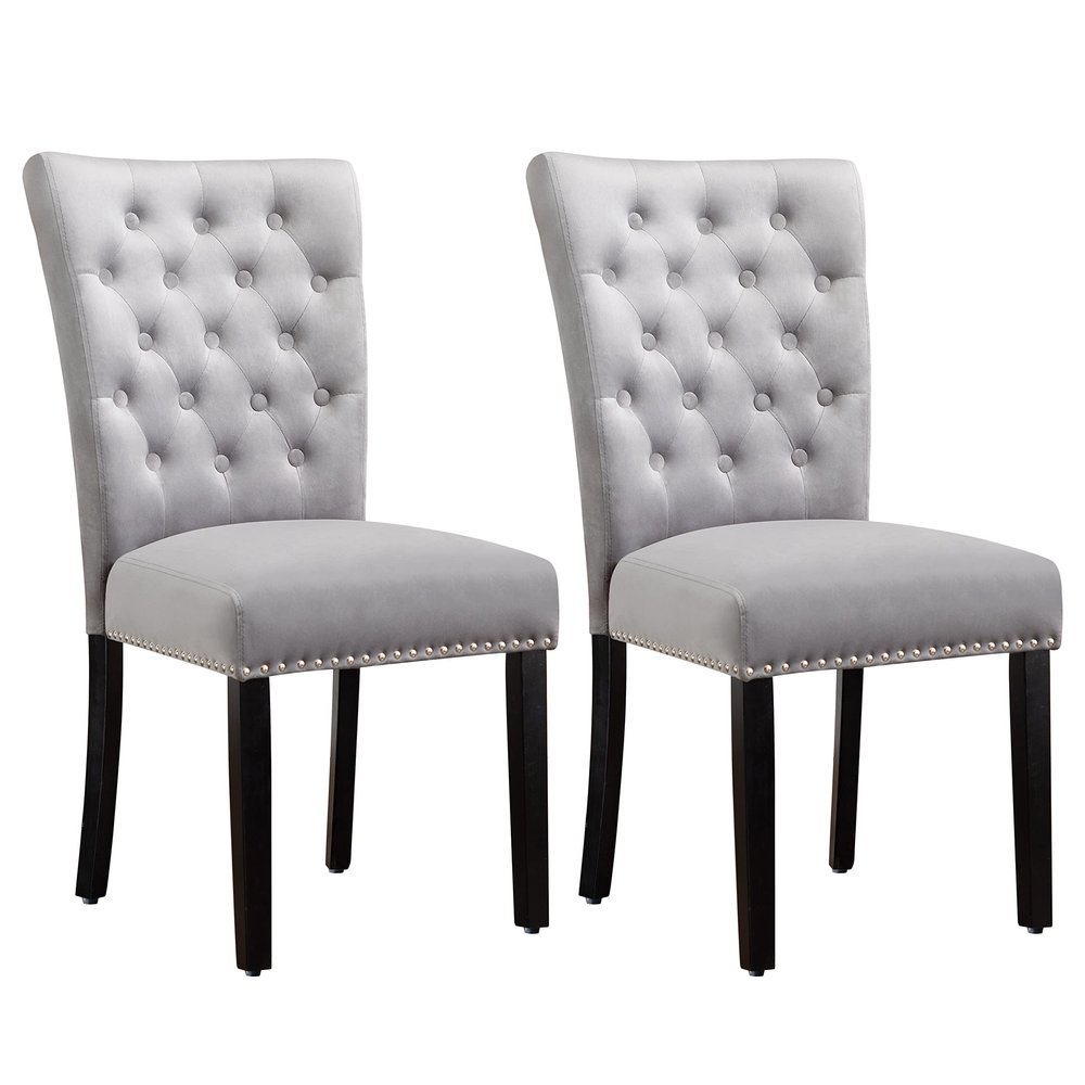 adochr Velvet Dining Kitchen Chair Set of 2, Parsons Upholstered Dining Room Chair, Wood Accent Chair with Nailed Trim, Grey