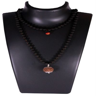 SHIVARATNA 5 Mukhi Nepali Rudraksha Guru Mani with 108+1 Beads of Five Mukhi Rudraksha Mala (Pure Silver Cap + Lab Certified)