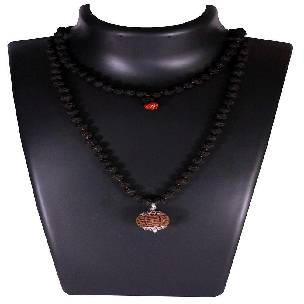 SHIVARATNA 5 Mukhi Nepali Rudraksha Guru Mani with 108+1 Beads of Five Mukhi Rudraksha Mala (Pure Silver Cap + Lab Certified)