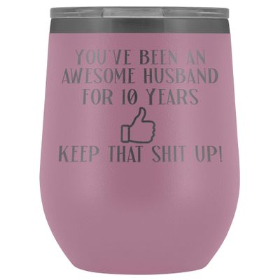 10th Anniversary Wine Tumbler for Husband 10 Years Marriage 12 oz. Stainless Steel Engraved Insulated Hot Cold Cup Light Purple