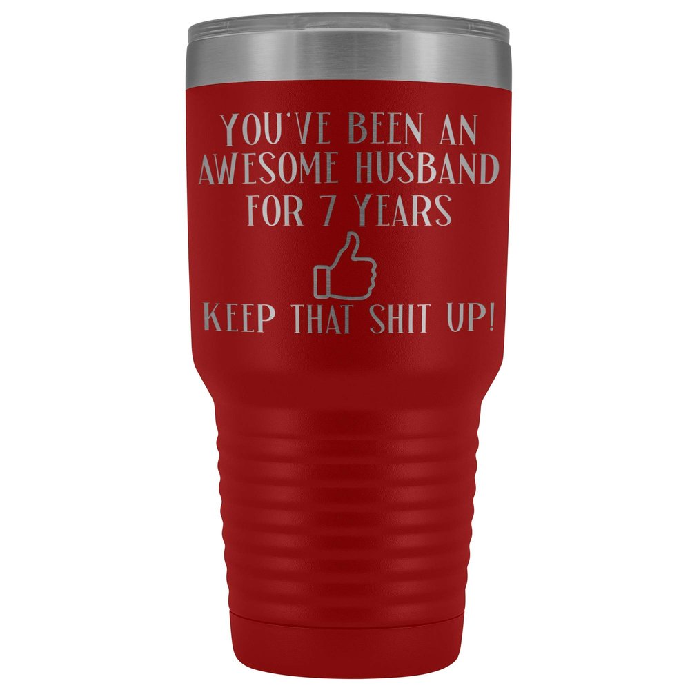 7th Anniversary Tumbler for Husband 7 Years Marriage 30 oz. Stainless Steel Engraved Insulated Hot Cold Cup Red