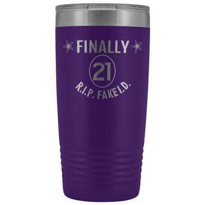 21st Birthday Tumbler Finally 21 R.I.P Fake ID 20 oz. Stainless Steel Engraved Insulated Hot Cold Cup Purple