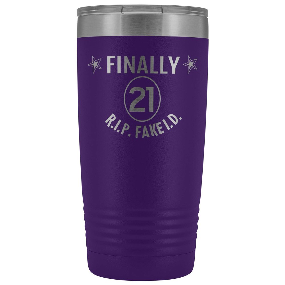 21st Birthday Tumbler Finally 21 R.I.P Fake ID 20 oz. Stainless Steel Engraved Insulated Hot Cold Cup Purple