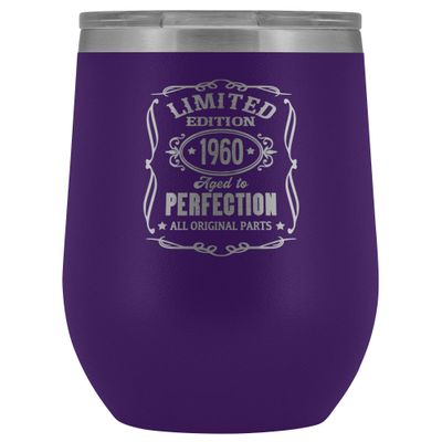 60th Birthday Wine Tumbler 1960 Aged to Perfection 12 oz. Stainless Steel Engraved Insulated Hot Cold Cup Purple