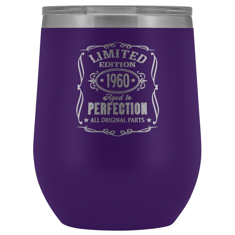 60th Birthday Wine Tumbler 1960 Aged to Perfection 12 oz. Stainless Steel Engraved Insulated Hot Cold Cup Purple