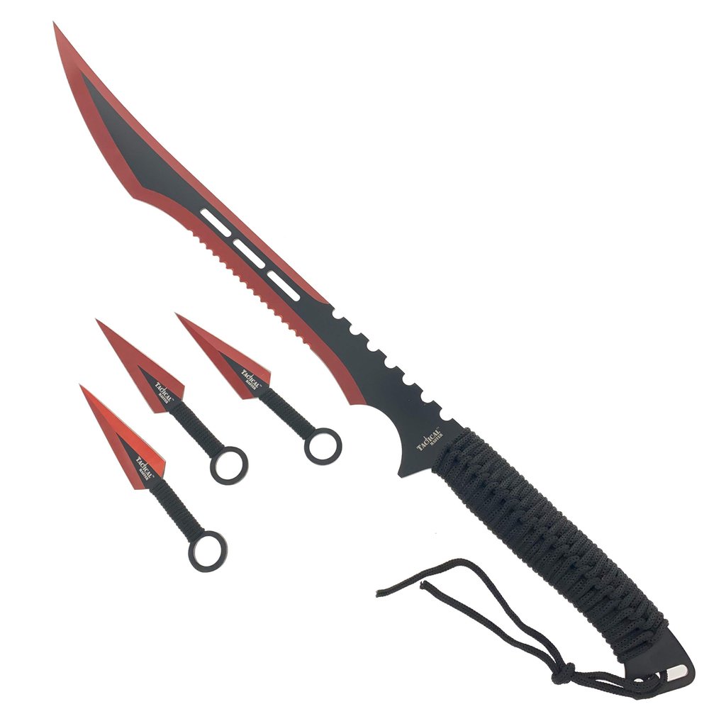 27" Tactical Machete with 3 Fixed Blade Set. Stainless Steel Blade. for Outdoor Camping Cutting Ropes - Branches, Collection, Gift (Red)