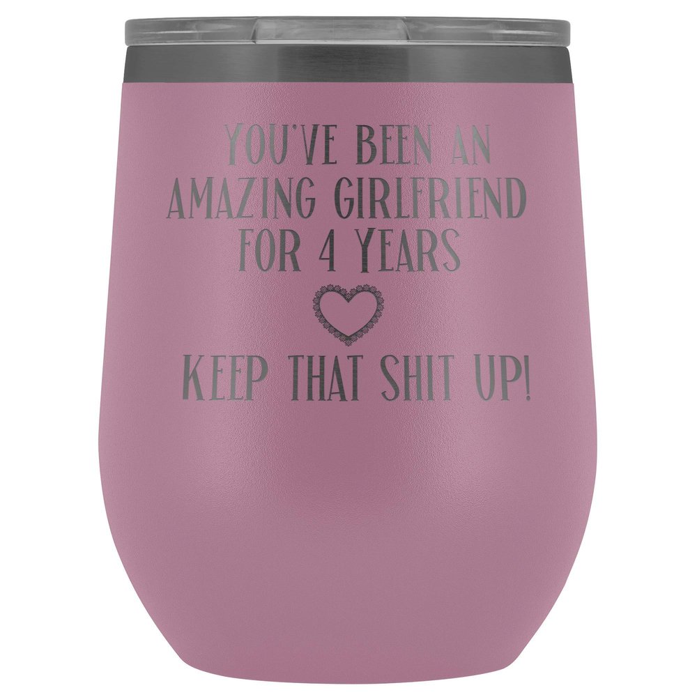 4th Anniversary Wine Tumbler for Girlfriend You've Been Awesome for 4 Years 12 oz. Stainless Steel Engraved Insulated Hot Cold Cup Light Purple