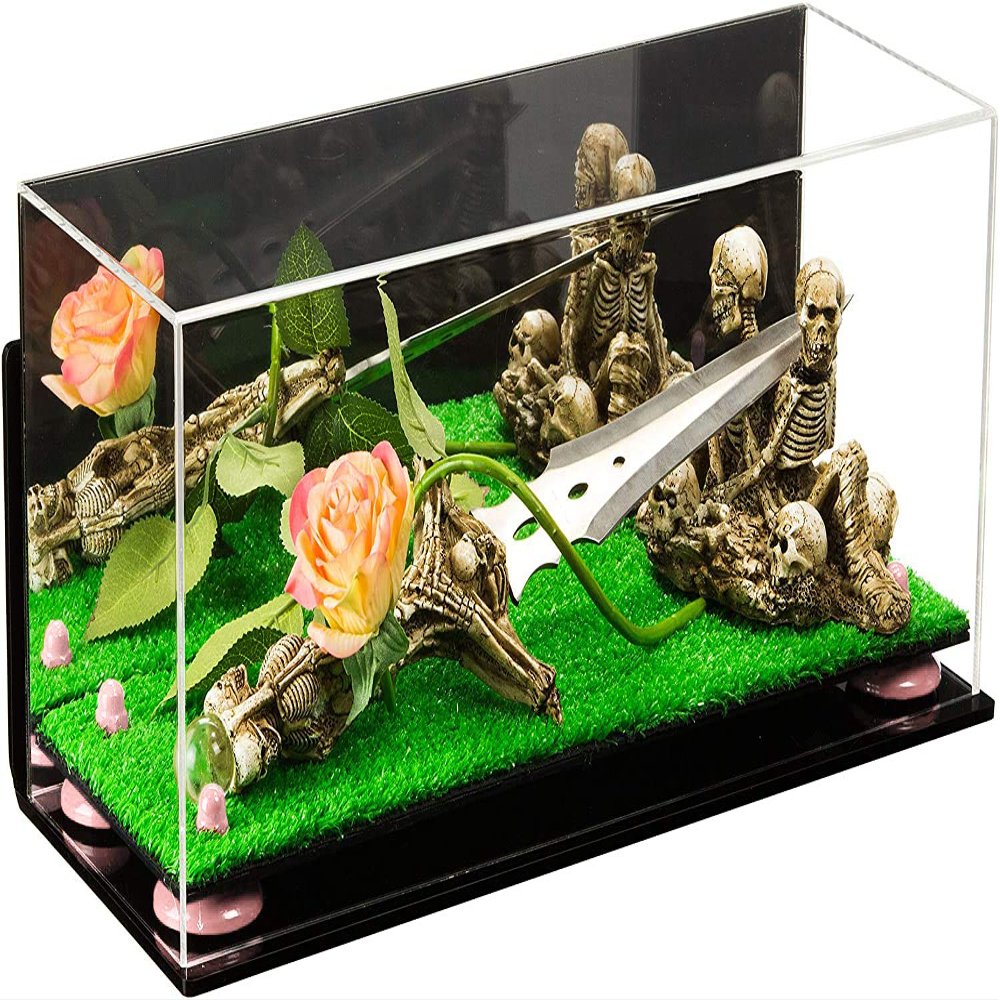 Better Display Cases Versatile Clear Acrylic Trucks, Trains and Rockets Display Case - Large Rectangle Box with Mirror Case, Pink Risers, Turf Base and Wall Mount 17" x 6" x 7" (A019/V46)