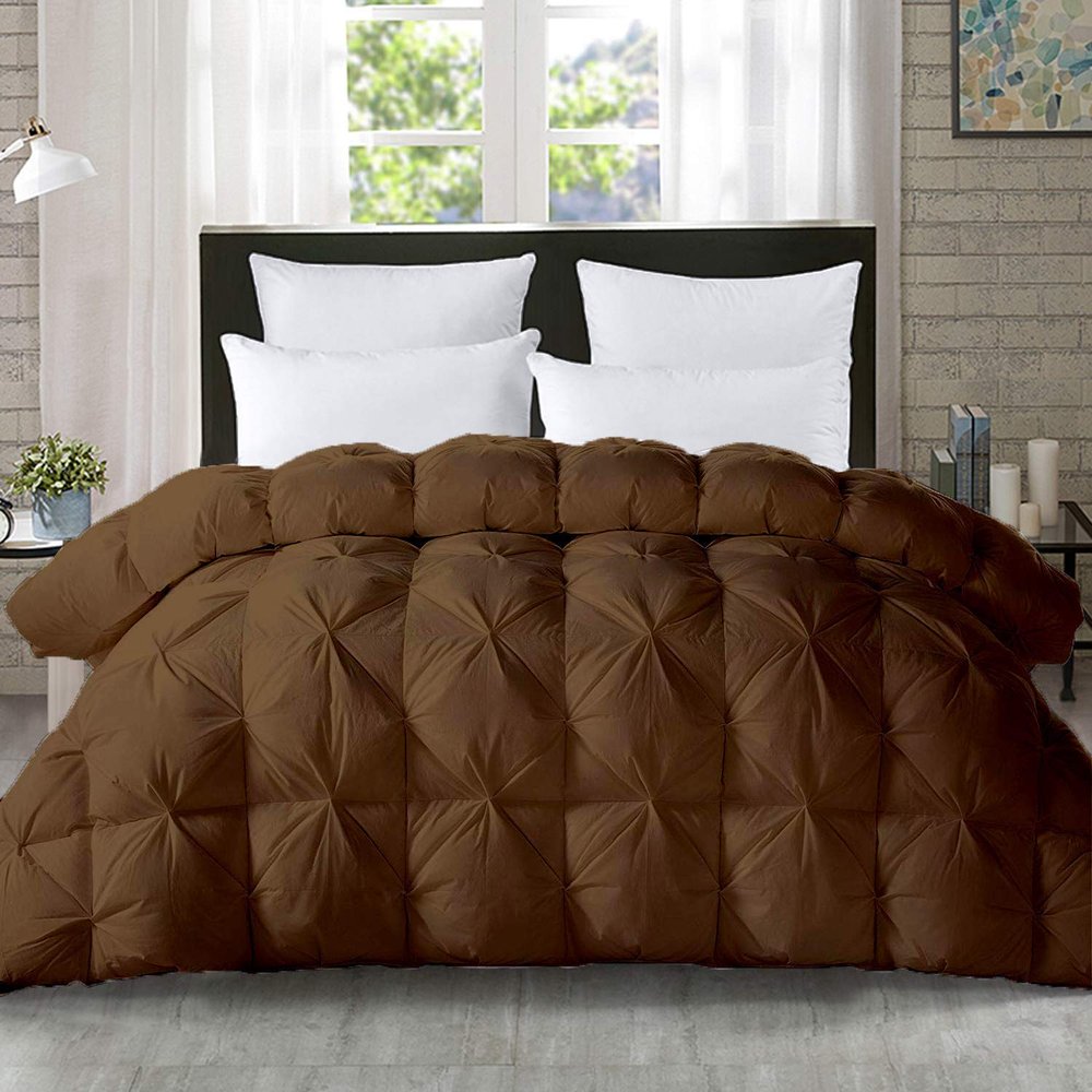 5-PCs Pinch Pleat Duvet Cover with Zipper Closure & Coner Ties Tufted Pattern Pintuck Duvet Set Brown-800-TC-100% Egyptian Cotton Quilt Set(Brown, Queen/Full)
