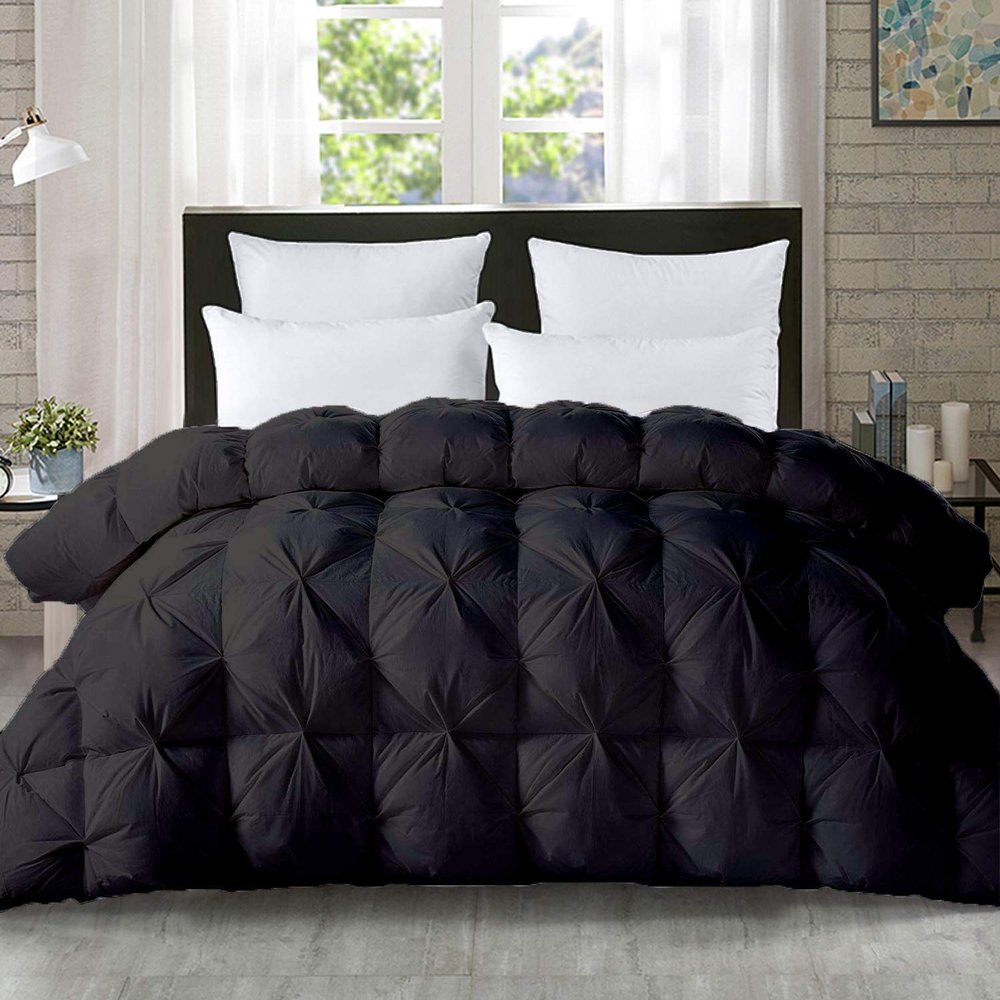 5-PCs Pinch Pleat Duvet Cover with Zipper Closure & Coner Ties Tufted Pattern Pintuck Duvet Set Black-800-TC-100% Egyptian Cotton Quilt Set(Black, Queen/Full)