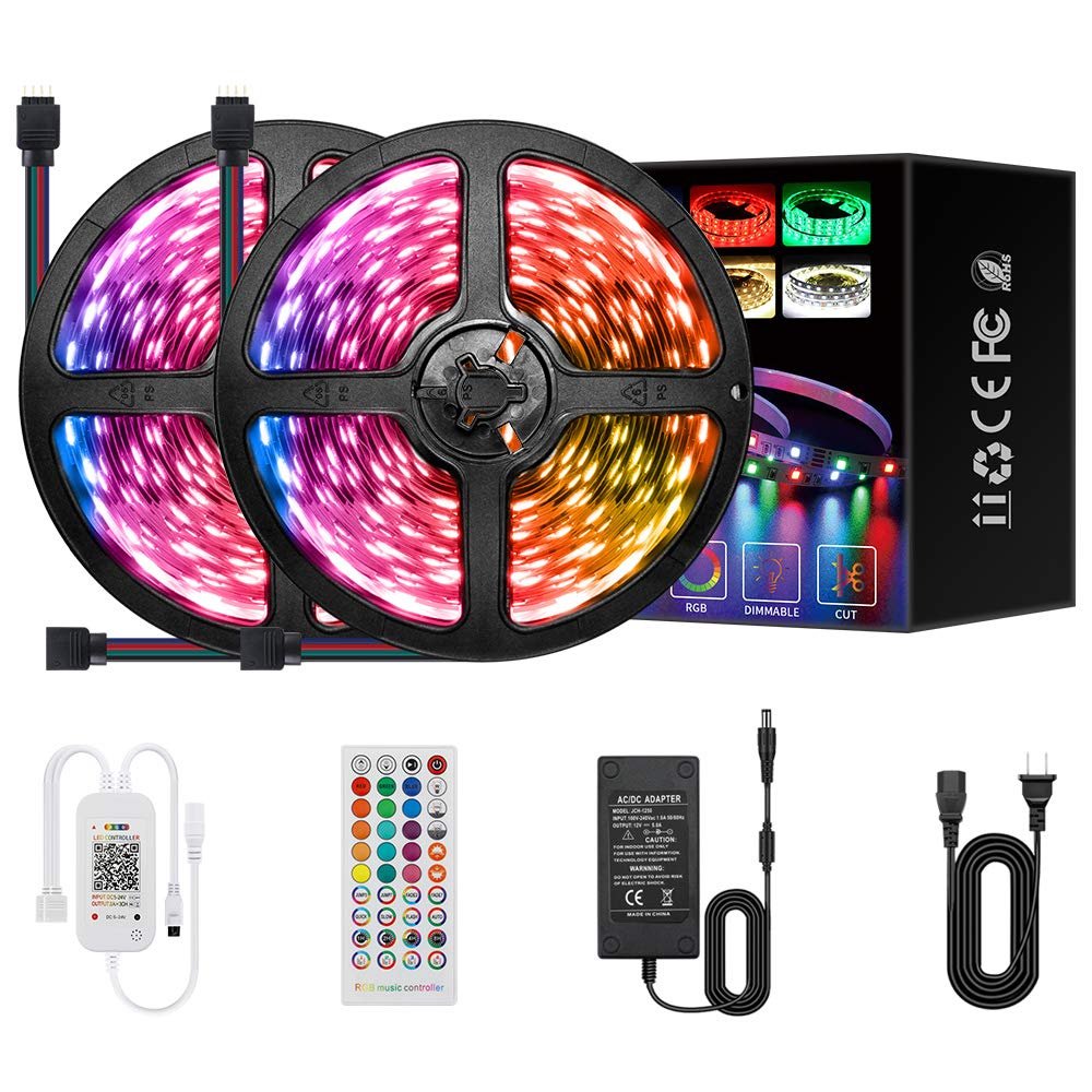 Yetaida LED Strip Lights Kit: 5050, 60 LEDs/Meter, 12V (10 Meters in Total), with Power Adapter (12V) + RGB Controller+ 44 Key Remote, Controlled by IR Remote and APP