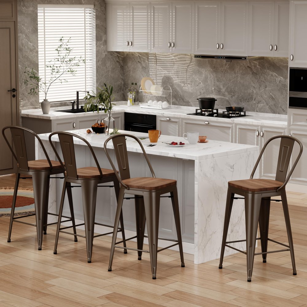 Changjie Furniture 24 Inches Metal Barstools Set of 4 Counter Height Bar Stools Industrial Stools with Backs High Back Chairs for Kitchen Island (24 Inch, Rusty)