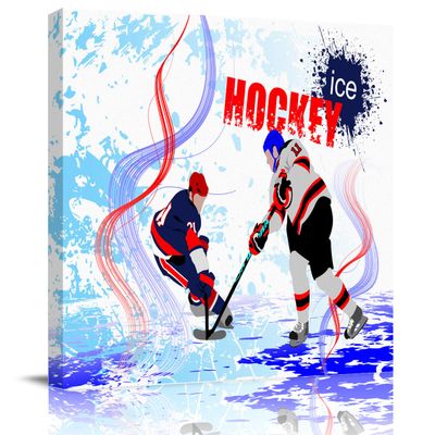 Modern Canvas Artwork Two Ice Hockey Players in Cartoon Style on Grunge Abstract Skating Rink Backdrop Canvas Wall Art for Living Room Bedroom Home Dcor Ready to Hang 12x12 Inch