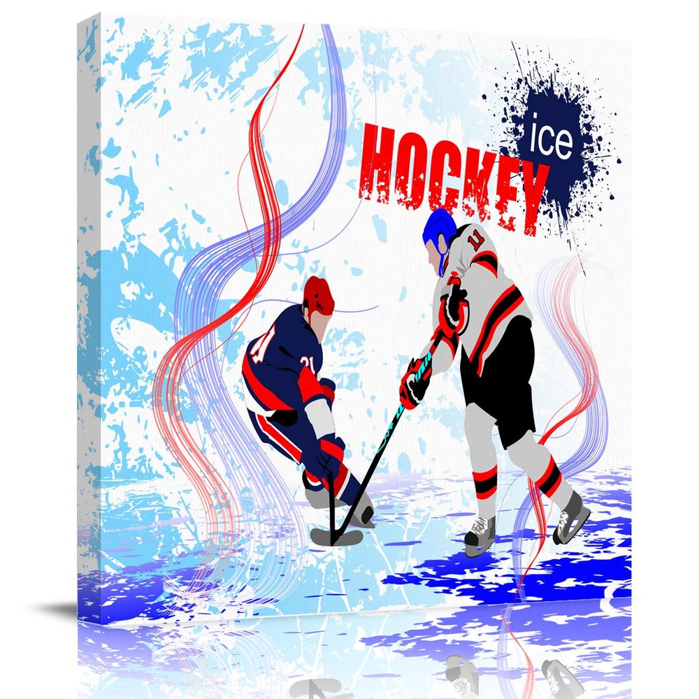 Modern Canvas Artwork Two Ice Hockey Players in Cartoon Style on Grunge Abstract Skating Rink Backdrop Canvas Wall Art for Living Room Bedroom Home Dcor Ready to Hang 12x12 Inch