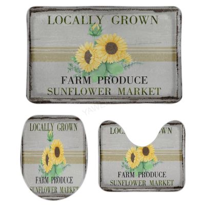 3 Pieces Bathroom Rug Set, Vintage Golden Sunflower Soft Foam Non Slip Bath Mats Sets Toilet Contour Mat Lid Cover for Bathtub Shower and Bathroom Decor 16"x24"