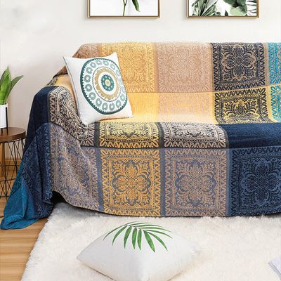 AIVIA Bohemian Throws Blanket, Chenille Woven Colorful Recliner Chair Couch Throw Futon Furniture Cover Sofa Slipcover Bed Blanket w/Boho Fringe - 87" x 103" Large Oversized, Teal Yellow