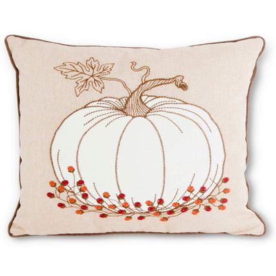 25 Home Dcor 41618C 17 Inch Tan Square Pillow with Embroidered Pumpkins, Multi
