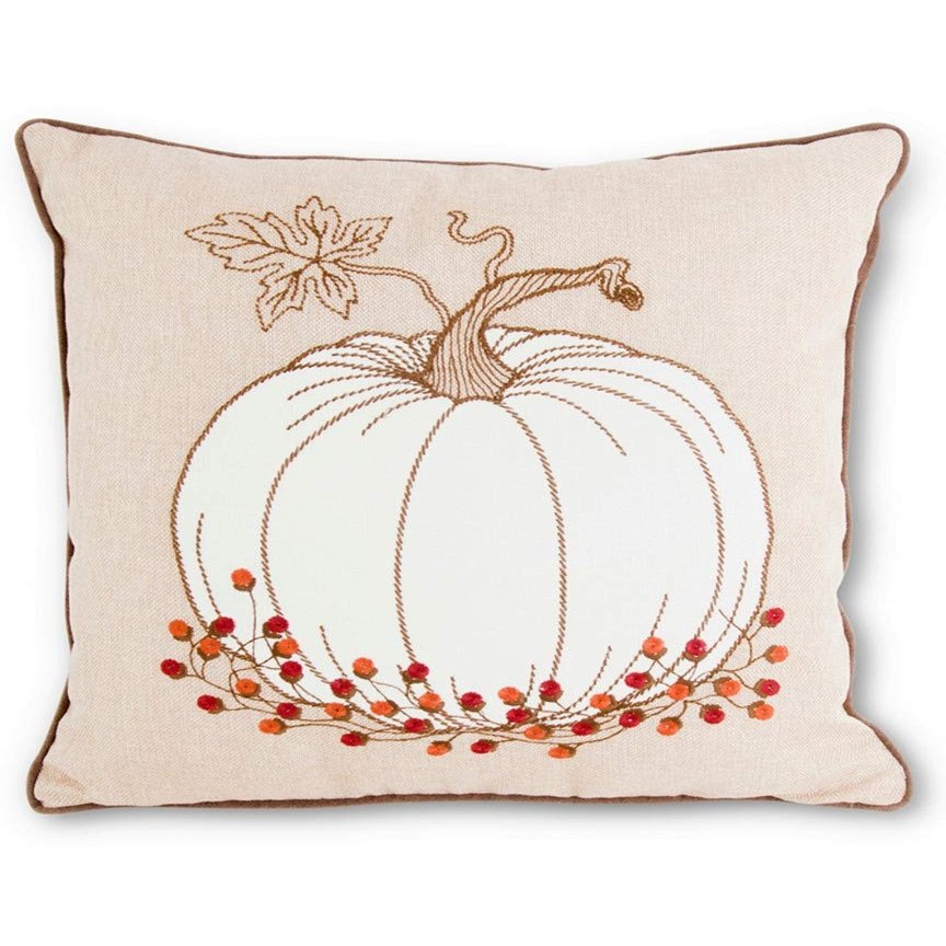 25 Home Dcor 41618C 17 Inch Tan Square Pillow with Embroidered Pumpkins, Multi