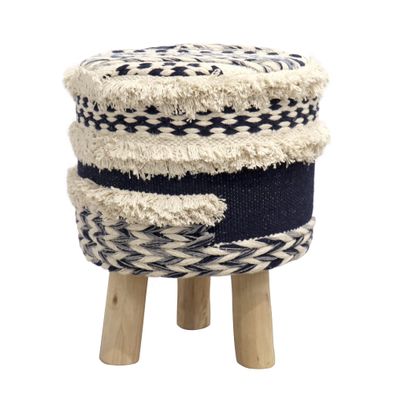 Pasargad Home Grandcanyon Premium Cotton & 3 Wood Legs Pouf, Cotton Pouf, Hand Woven Top - Sitting, Foot Stool - Round Poufs for Living Room - Luxury Room Decor, 13" x 13" x 17"H, Navy/Beige