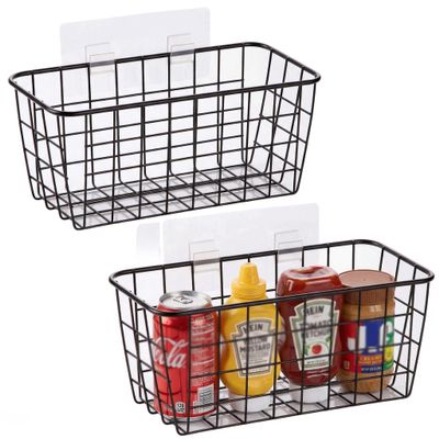 2 Set Adhesive Hanging Wall Basket Inside Cabinet Door Organizer,Wall Storage Basket-No Drilling Adhesive wall Basket for Cupboard Door,Space-Saving Small Hanging Baskets for Wall Mount Storage,Black