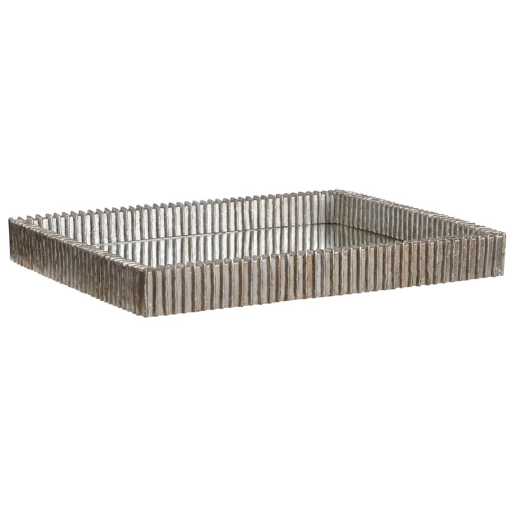 MY SWANKY HOME Contemporary Ribbed Silver Frame Tray Decorative Serving Modern Mirrored