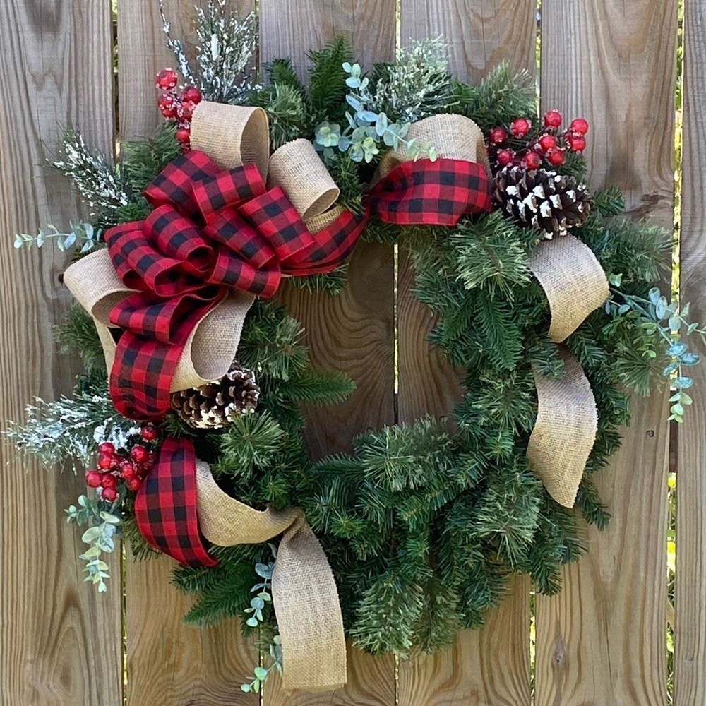 Crimson Petal Country Burlap Evergreen Wreath