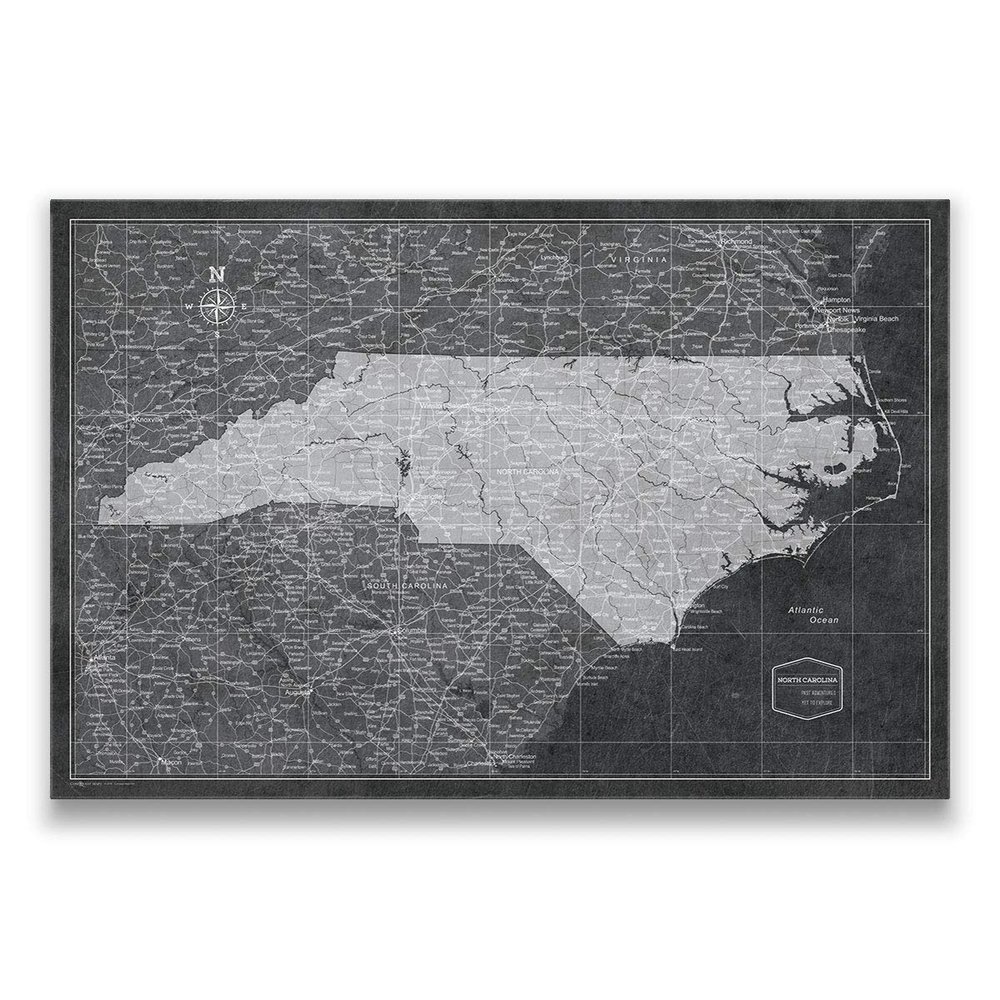 Conquest Maps Push Pin North Carolina Map Board - With Push Pins to Mark North Carolina Travels - Handmade in Ohio, USA - Design: Modern Slate