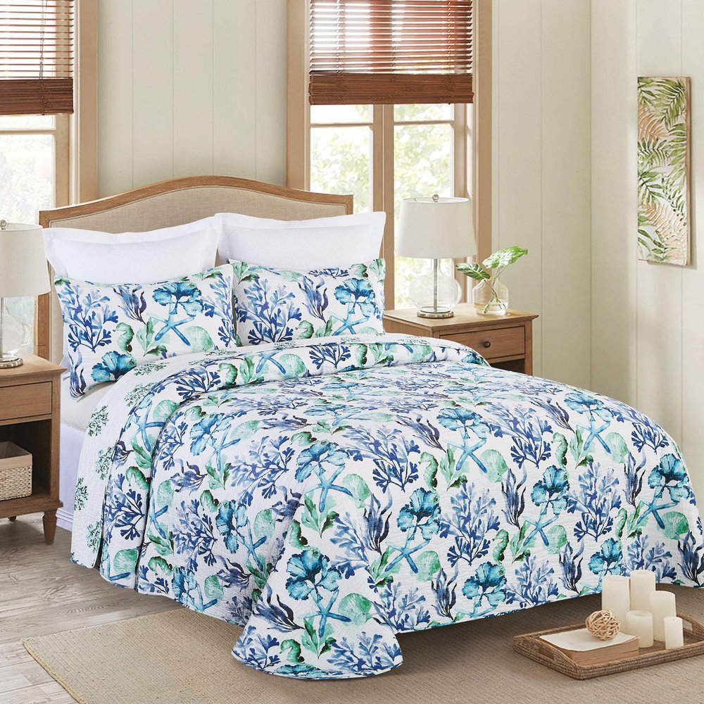 C&F Home Bluewater Bay Twin Bedspread 100% Cotton Lightweight Machine Washable Reversible Bedspread Coverlet Twin Blue