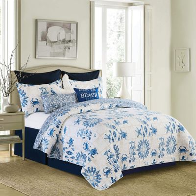 C&F Home Casablanca Bay 3 Piece White and Blue Coastal Beach Theme Pattern Full/Queen Quilt Set Quilt and Sham Bedding Set Full/Queen 3 Piece Set White