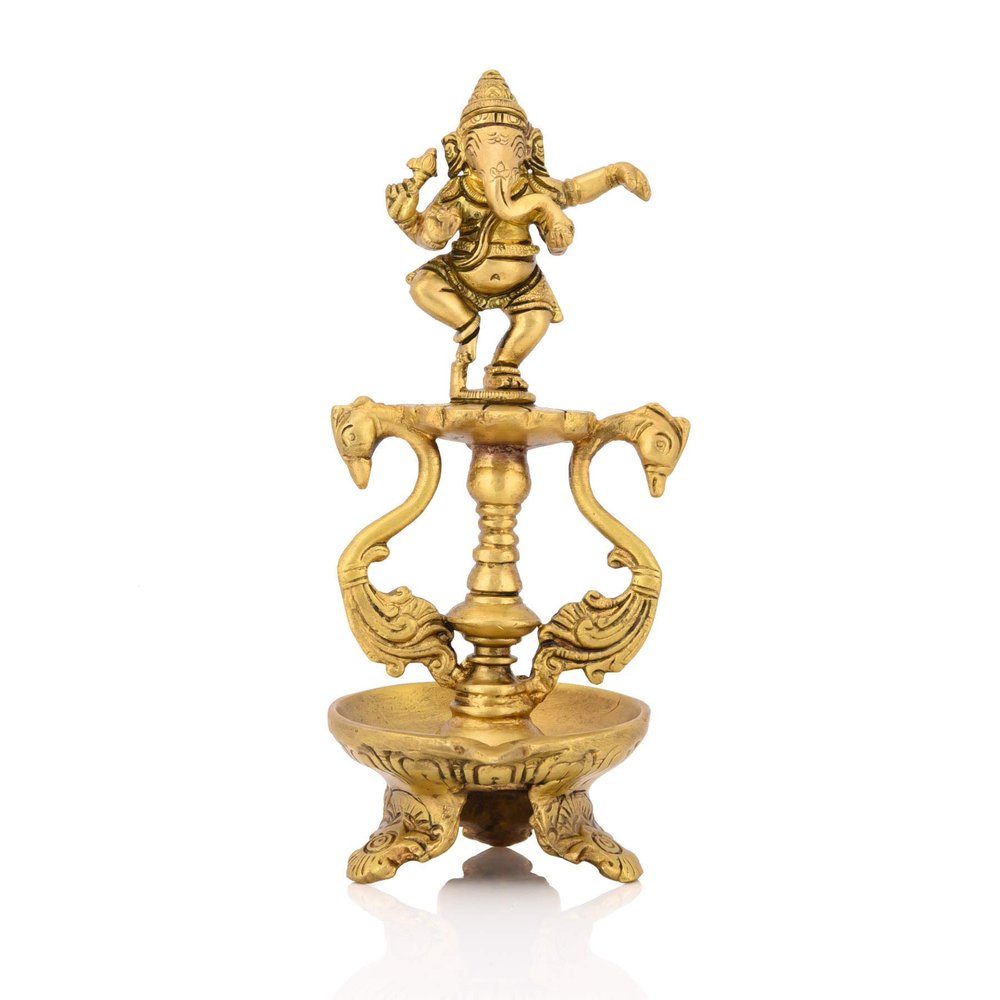 Brass Antique Ganesha Diya Oil Lamp Statue Ganesh Peacock Puja Dia Showpiece Home Pooja Gifts Decor(Size 8 Inch)
