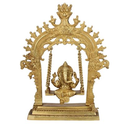 Brass Antique Ganesh Jhula Idol Ganesha Swing Statue Ganpati Bappa Jhoola Murti for Home Entrance Decor with Kirtimukha at 10.5 Inch