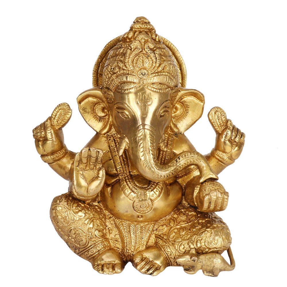 Brass Lord Ganesha Idol for Gift Ganpati Statue Puja Home Office Decoration Murti Sitting in Squat Position Mooshak Golden Finish 6.5 Inch