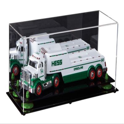 Better Display Cases Versatile Clear Acrylic Trucks, Trains and Rockets Display Case - Large Rectangle Box with Mirror Case, Green Risers and Black Base 17" x 6" x 7" (A019/V46)