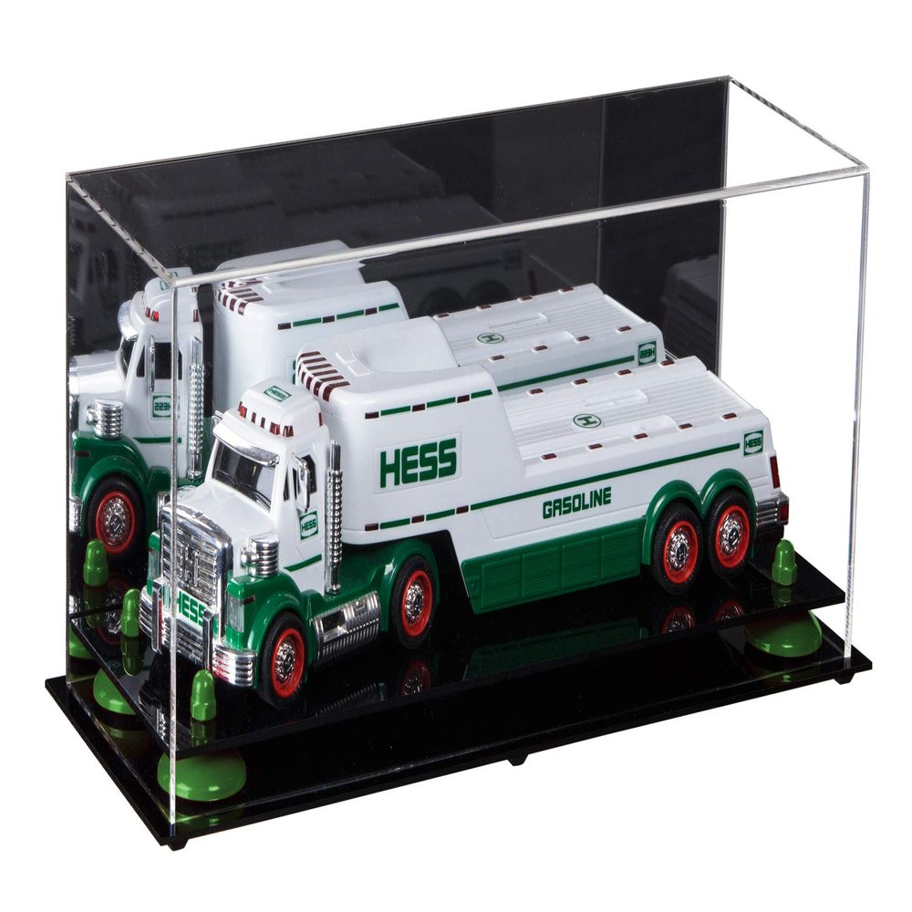 Better Display Cases Versatile Clear Acrylic Trucks, Trains and Rockets Display Case - Large Rectangle Box with Mirror Case, Green Risers and Black Base 17" x 6" x 7" (A019/V46)