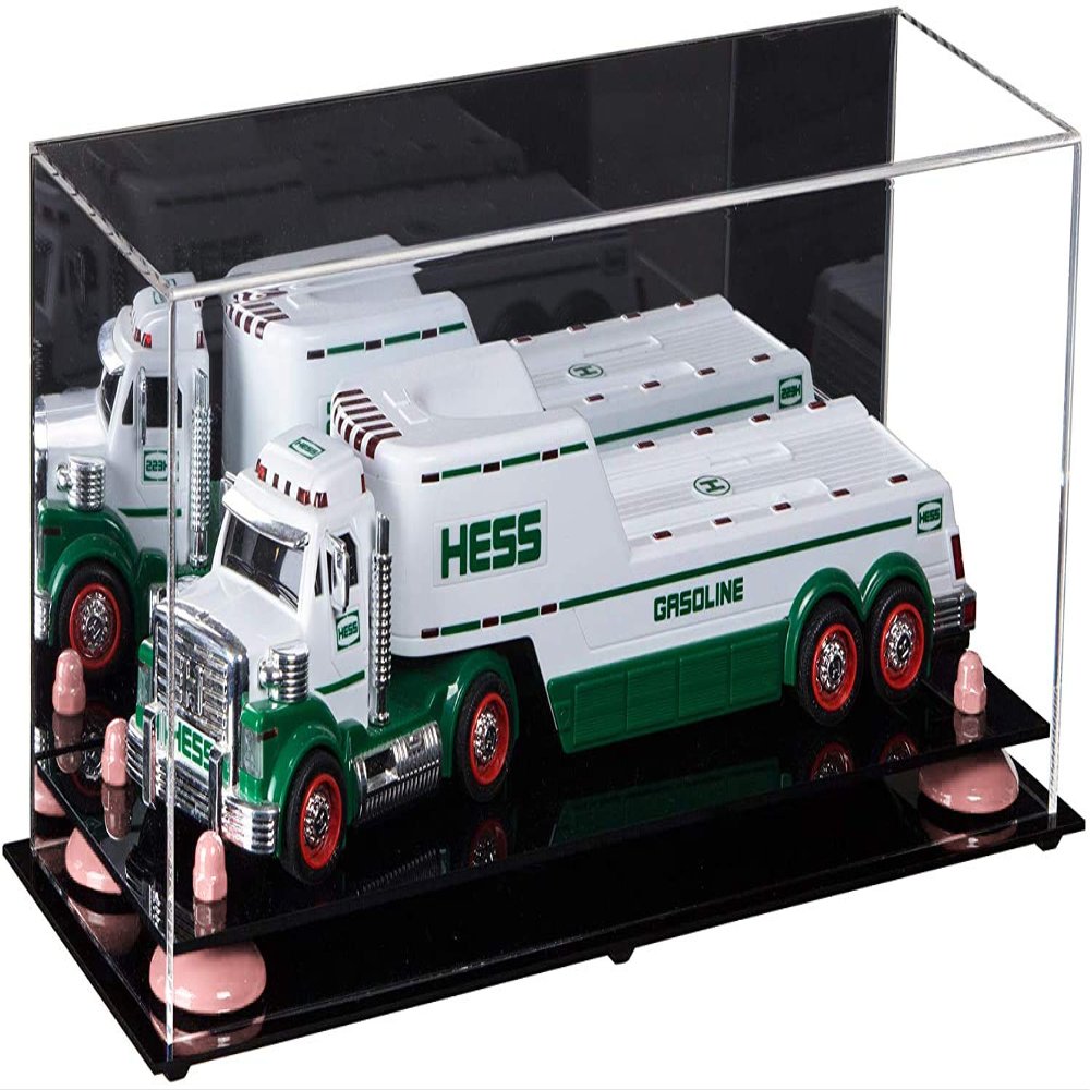 Better Display Cases Versatile Clear Acrylic Trucks, Trains and Rockets Display Case - Large Rectangle Box with Mirror Case, Pink Risers and Black Base 17" x 6" x 7" (A019/V46)