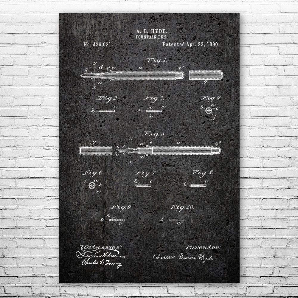 Fountain Pen Poster Print, Writer Gift, Pen Blueprint, Teacher Gift, Classroom Decor, Author Gift, Fountain Pen Design Dark Concrete (24 inch x 36 inch)