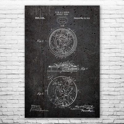 Mechanical Pocket Watch Poster Print, Watch Blueprint, Watchmaker Gift, Jewelry Store Art, Clockwork Art, Watch Wall Art Dark Concrete (24 inch x 36 inch)