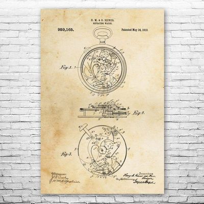 Mechanical Pocket Watch Poster Print, Watch Blueprint, Watchmaker Gift, Jewelry Store Art, Clockwork Art, Watch Wall Art Vintage Paper (24 inch x 36 inch)