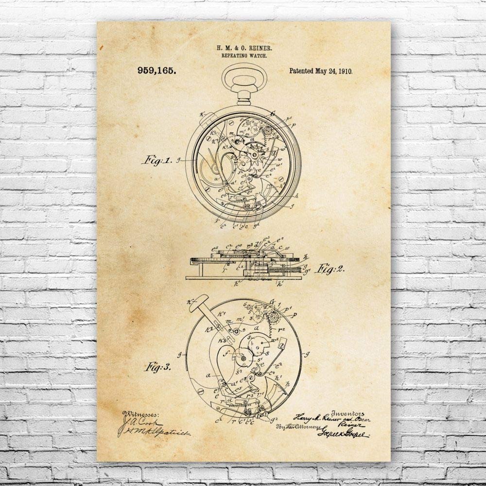 Mechanical Pocket Watch Poster Print, Watch Blueprint, Watchmaker Gift, Jewelry Store Art, Clockwork Art, Watch Wall Art Vintage Paper (24 inch x 36 inch)