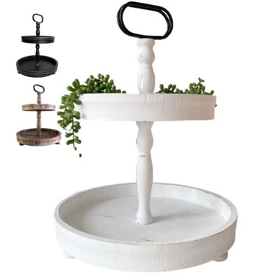 DECORIO Beautiful Distressed Farmhouse White Wood Two Tier Decorative Tiered Tray Stand for Vintage Decor, Round Wooden Serving Tray - Large 17"