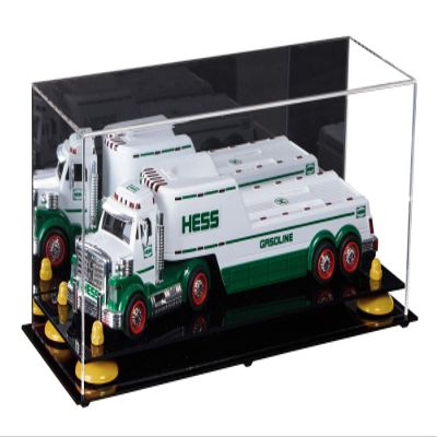 Better Display Cases Versatile Clear Acrylic Trucks, Trains and Rockets Display Case - Large Rectangle Box with Mirror Case, Yellow Risers and Black Base 17" x 6" x 7" (A019/V46)