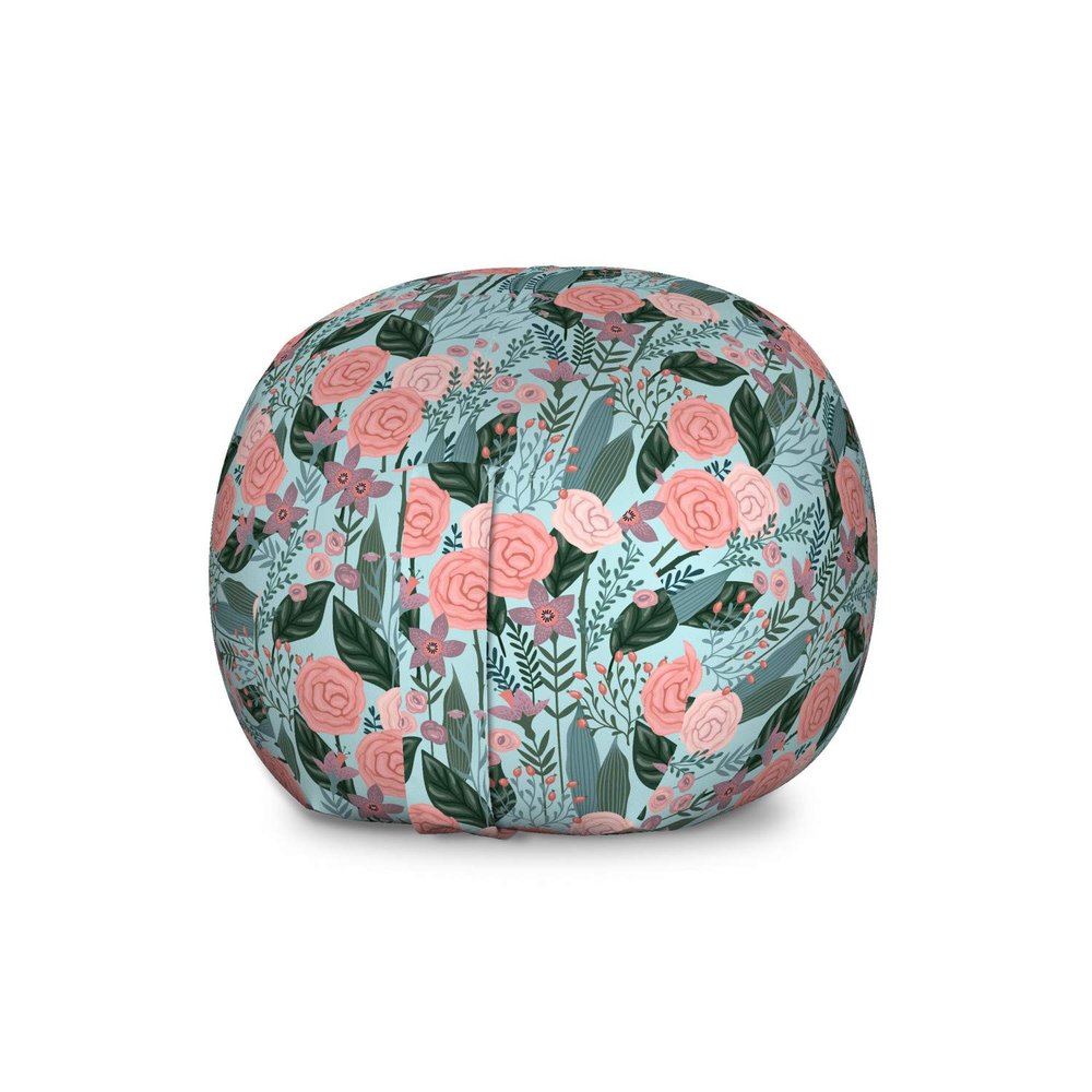 Ambesonne Botanical Storage Toy Bag Chair, Arrangement of Flowers Blooming Garden Art, Stuffed Animal Organizer Washable Bag, Large Size, Teal Coral