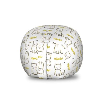 Ambesonne Cat Storage Toy Bag Chair, Cursive Meow with Upside Down Kittens Mini Paws, Stuffed Animal Organizer Washable Bag, Small Size, Mustard White