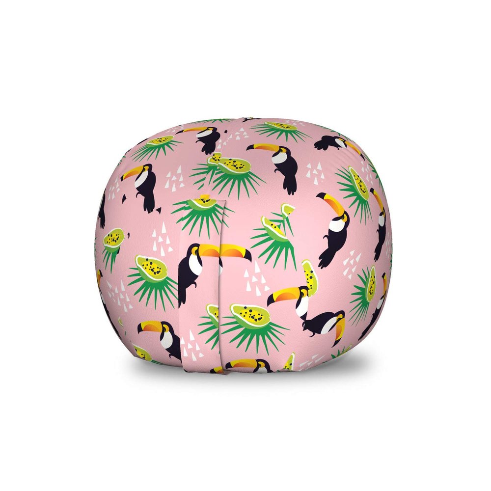 Ambesonne Bird Print Storage Toy Bag Chair, Funny Summer Pattern with Exotic Fruit Palm and Toucans on Pastel Back, Stuffed Animal Organizer Washable Bag, Small Size, Pink Black